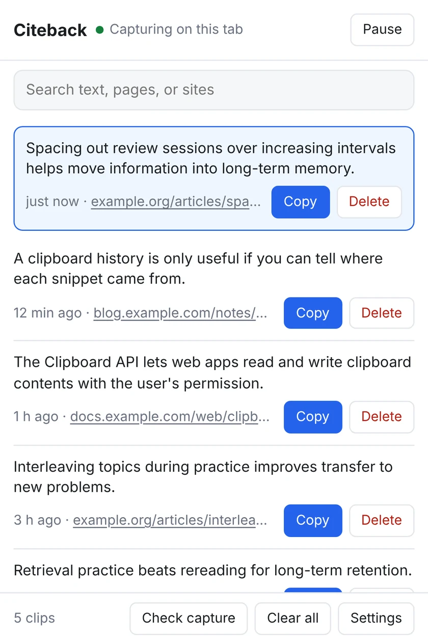 The Citeback popup showing a list of saved clips, each with its source page and a Copy button.