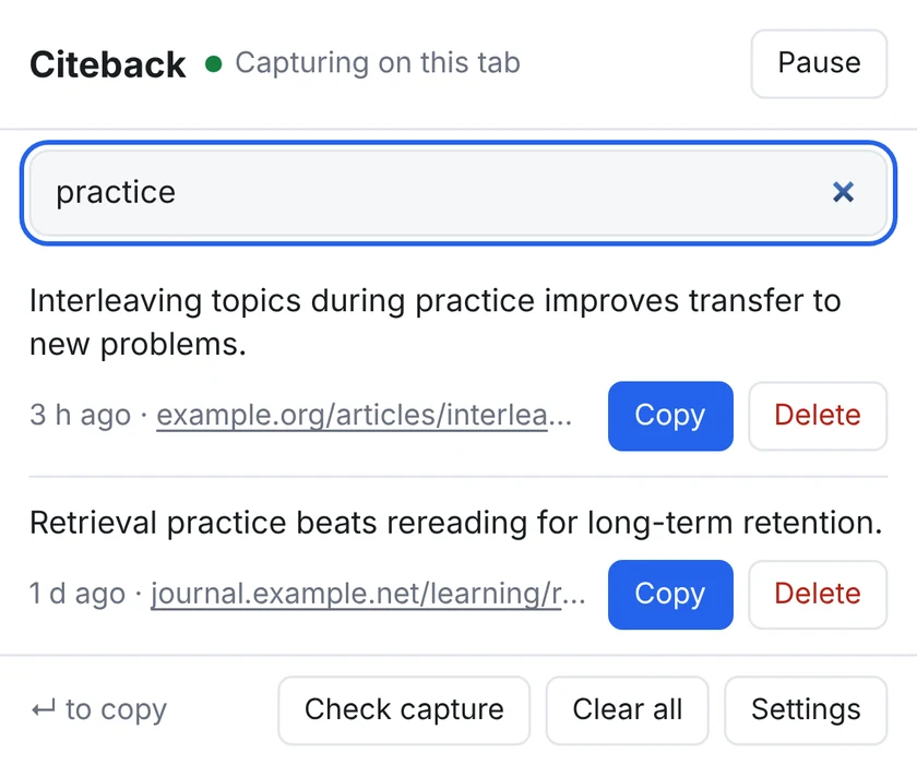 Searching the word practice in Citeback narrows the list to two matching clips.