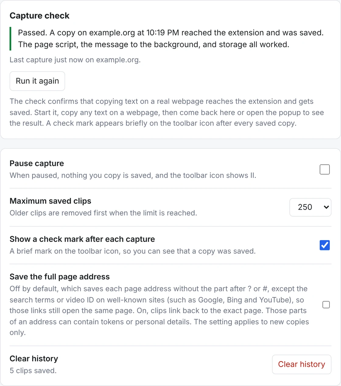 The Citeback settings page showing the capture check, a pause option, a history size limit and clear history.